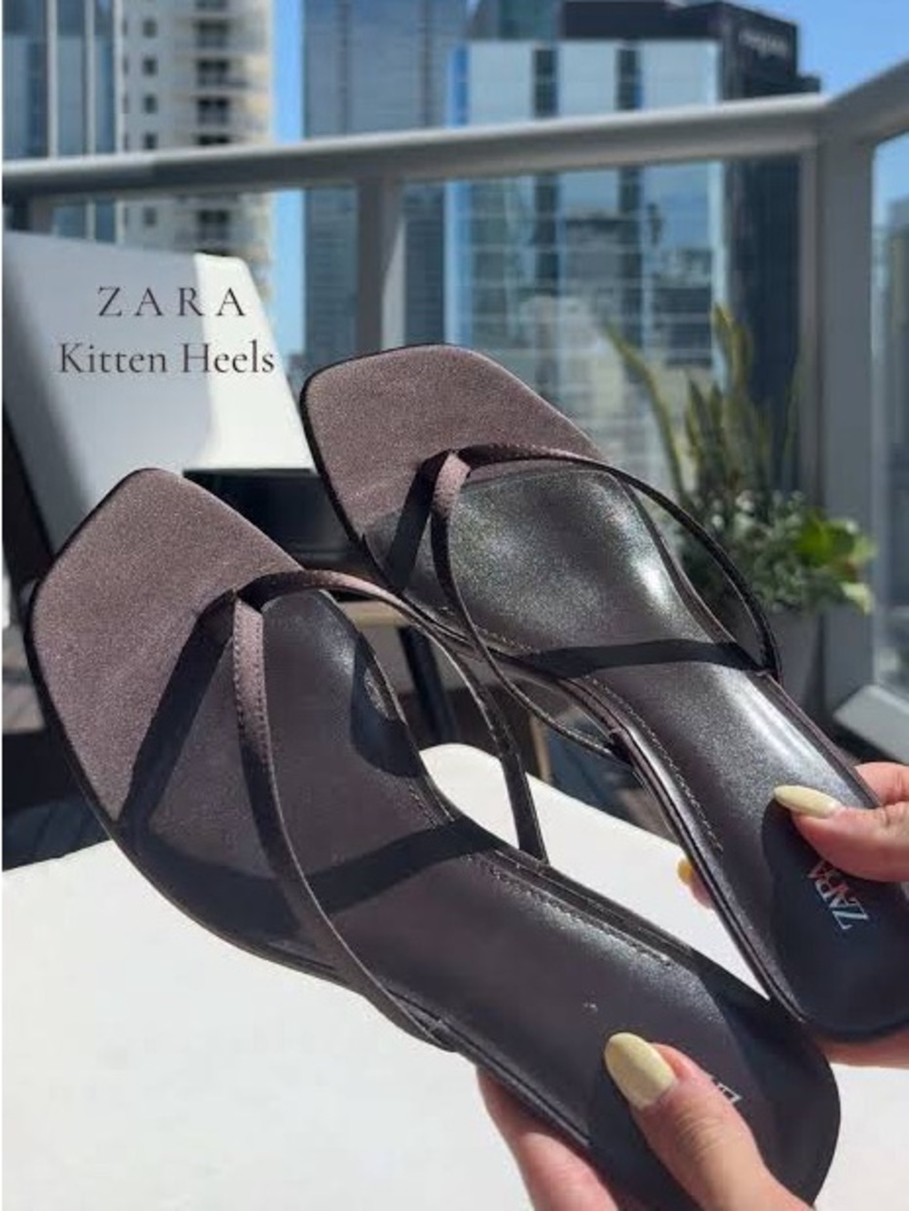 Zara brown satin thong sandals with kitten heel - Picture 3 of 7